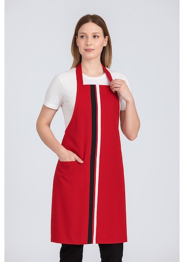Kadın Boyundan Asmalı Çizgili Barista Şef Mutfak Önlüğü 60x85 Cm Kırmızı