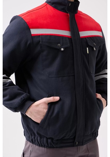 Kışlık İş Montu Grikırmızı Reflektörlü Gabardin Royal Mont İçi Kapitoneli Sıcak Tutan Lacivert-Kırmızı