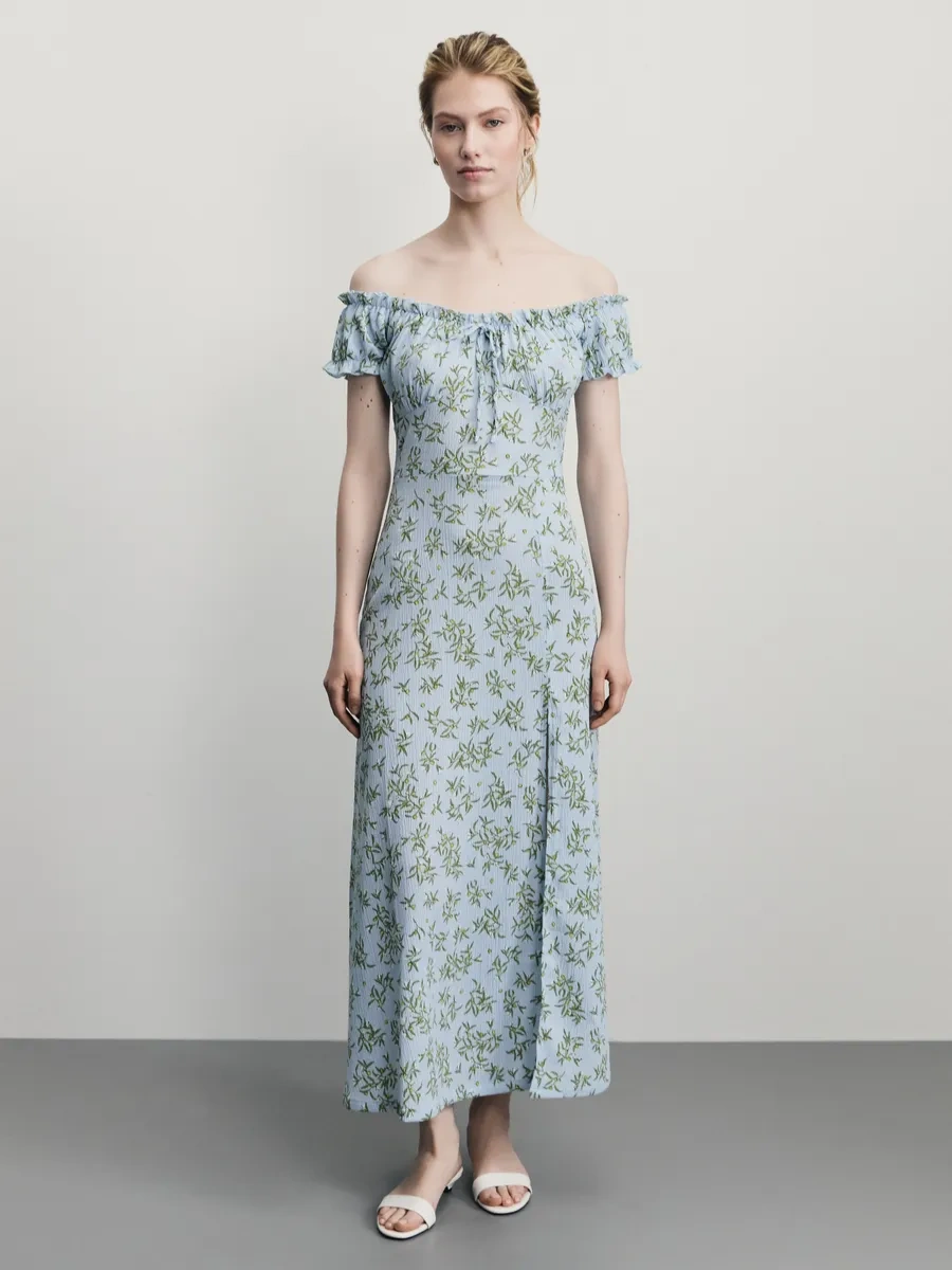 Zarına Uzun Yırtmaçlı Ve Kısa Kollu Elbise 371769342 Açık Mavi