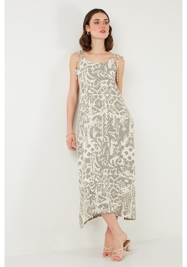 Lela Regular Fit Ip Askılı Uzun Bayan Elbise 5865732 Ekru-Olive
