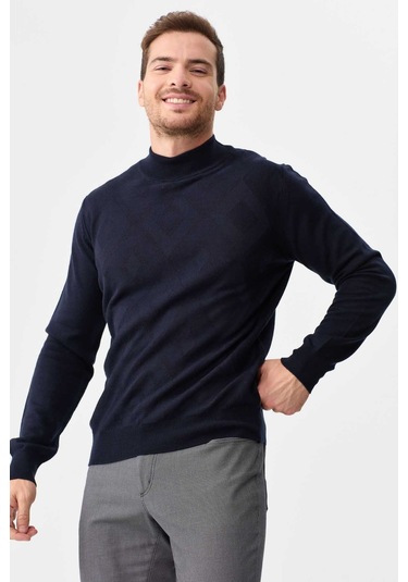 Desen Triko Erkek Yarım Balıkçı Yaka Baklava Desenli Yün Kazak 02422548 Lacivert