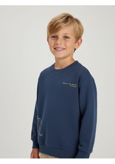 Zekids Erkek Çocuk Pamuklu V Yaka Baskılı Sweatshirt-16702 Indigo