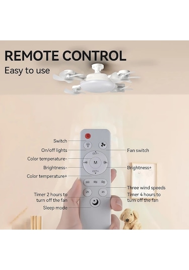 Boatshop1 Üç Beyaz Fan Led Akıllı Tavan Fanı Lambası E27 E26 Soket Uzaktan Kumanda Ayarlanabilir Parlaklık 3 Hız Yatak Oturma Çalışma Odası