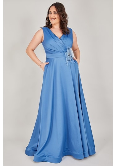 Ladies First Büyük Beden 3434 Indigo Uzun Abiye Elbise