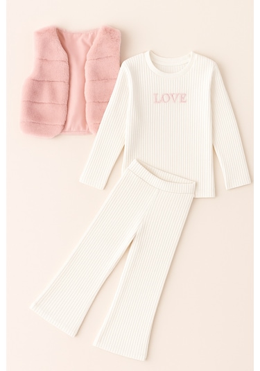 Kız Çocuk Pembe Renk Peluş Yelekli 3 Parça Alt Üt Takım Toz Pembe