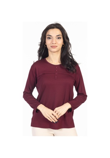 Yeni Sezon 2024 Sade Desen Yuvarlak Yaka Likralı Anne Penye Bluz 6484-vişne Çürüğü Vişne Çürüğü