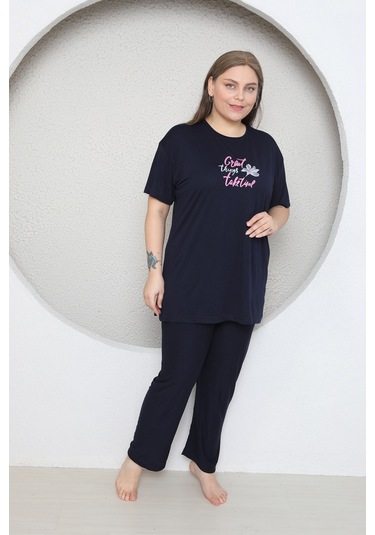 Fames Pijama Büyük Beden Likrali Ring Viskon Kisa Kol Yazlik Pijama Takim Lacivert