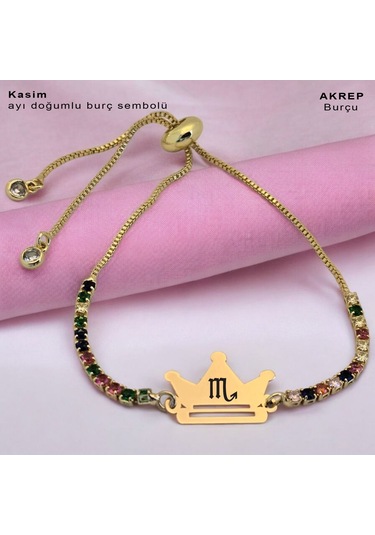 Kasım Ayı Doğumlarına 14 Ayar Altın Plakalı Renkli Taş Desenli Taç Motifli Hediye Bileklik-489ay Kasım