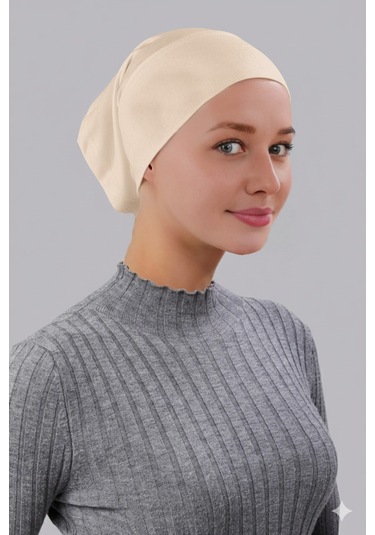 Tesettür Boru Bone Önü Dikişsiz Hazır Pratik Geçmeli Düz Bonesi Pamuk Likralı Penye Bej