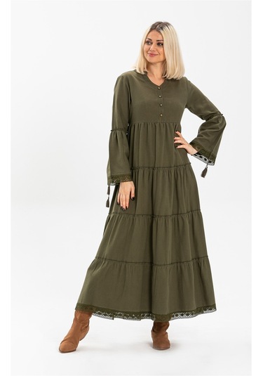 Uzun Kol Seçil Pazen Uzun Elbise Haki Hk