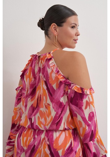 Pencere Detaylı Volanlı Elbise-6223 Çok Renkli