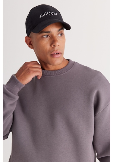 AC&Co / Altınyıldız Classics Erkek Koyu Grı Oversize Fit Bol Kesim Pamuklu İçi Polarlı Bisiklet Yaka  Sweatshirt Koyu Gri
