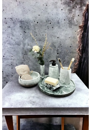 Betonmall 6 Parça Mermer Desenli Beton Banyo Seti Katı Sıvı Sabunluk Diş Fırçalığı Havluluk Tütsülük Tepsi - Yeşil Yeşil