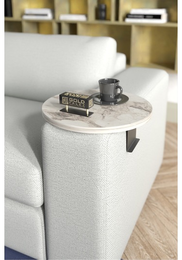 Zigon Sehpa Yan Sehpa Ayarlanabilir Tepsi Dekoratif Modern Tepsi Efes Beyaz Mermer Desen