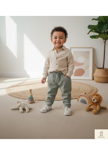 Minibohe Erkek Bebek & Çocuk Çizgili Pantolon Stone Açık Haki
