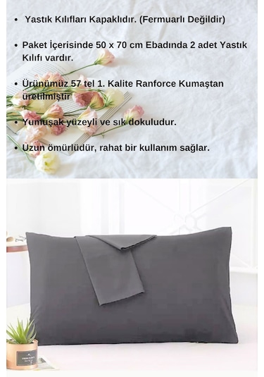 Antrasit Renkli Pamuklu Ranforce Kumaştan Yastık Kılıfı 2adet