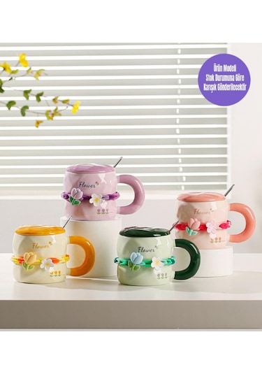 Tatlı Çiçekli Kahve Fincanı 380 Ml Kapaklı Ve Kaşıklı Seramik Kupa Yeşil