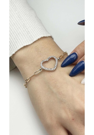 Kalp, Zirkon Taşlı, Pirinç Üzeri Kaplama Bileklik 361 , Zincir Gümüş Renk Altın