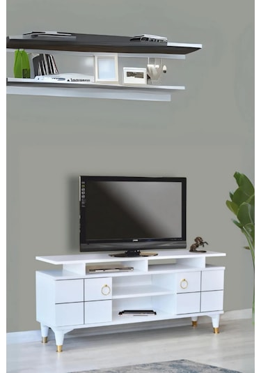 Mega Tv Sehpası Beyaz 2 Kapaklı Raflı Gold Detaylı Sehpa 130x36x59 Cm