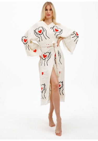 Elif Towels Kalpli Ekru Renk Kimono Kaftan Ekru