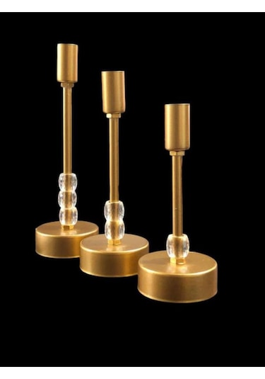 Üçlü Metal Mumluk Gold Boyalı Sarı