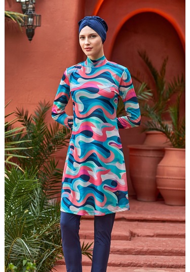 Likralı Tam Kapalı Tesettür Mayo Desenli 3106 Koyu Lacivert Koyulaci01 Koyu Lacivert