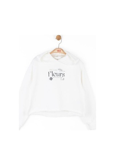 Kız Çocuk Pamuklu Sırtı Tirko Detaylı Fleurs Sweatshirt-14790 Ekru