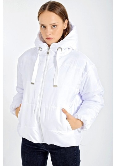 5117 Kapşonlu Şişme Mont - Beyaz Beyaz