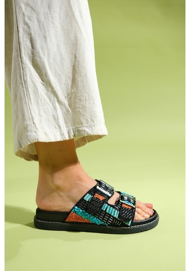 Luvishoes Lanso Siyah Taşlı Çift Bantlı Kadın Terlik Siyah