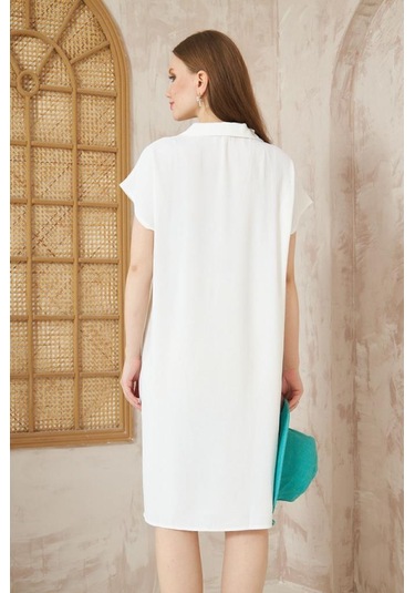 Kadın Bol Kesim Polo Yaka Kısa Kollu Günlük Kısa Midi Elbise Dizüstü 2883200 Ekru