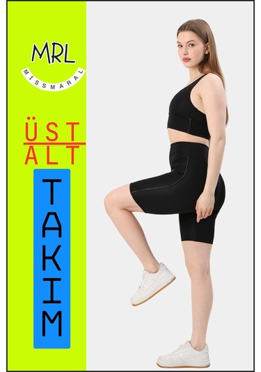 Kadın Siyah Takım Alt-üst Kısa Şort-tayt Ve Pedli Sporcu Büstiyer 2li Set Haki Renk Biyeli Elt3043 Siyah Haki