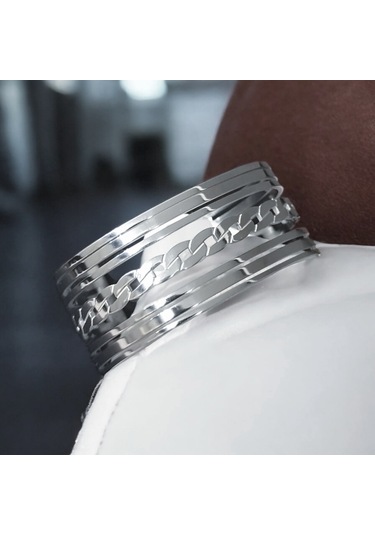 Kadın Çelik Ortası Zincir Detaylı Kalın Kelepçe Bileklik Gümüş Renk Çelik