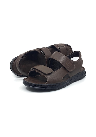Taşpınar %100 Hakiki Deri Ortopedik Erkek Yazlık Günlük Cırtlı Kahverengi Sandalet 40-45 Kahverengi