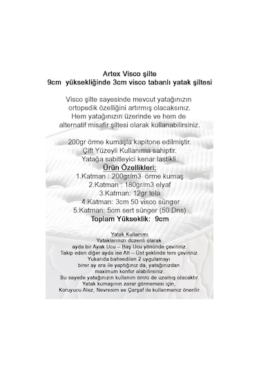 Artex 90X190 Visko Visco Ped Şilte  Yatak Şilte Yatak Pedi Topper 9+-1cm