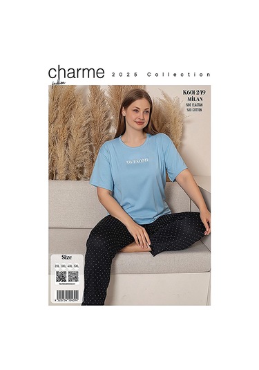 Charme Kadın Büyük Beden Bisiklet Yaka Milan Likralı Kısa Kol Pijama Takımı K601/249 - 1 Adet Mavi Charme Kadın Büyük Beden Bisiklet Yaka Milan Likralı Kısa Kol Pijama Takımı K601/249 - 1 Adet Mavi