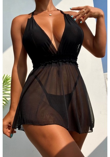 Enmadam Bel Dekolteli Gecelik Takım Siyah