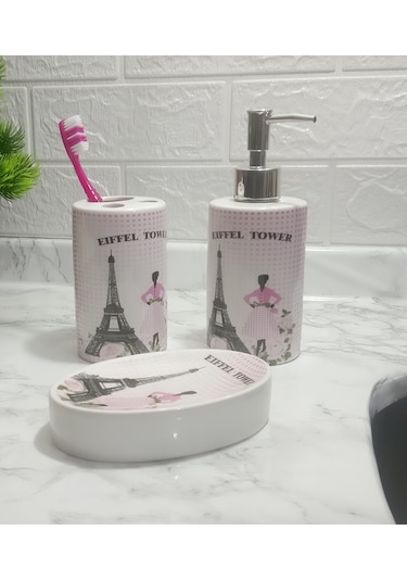 Seramik 3 Lü Banyo Seti Eyfel Kulesi Model 20X20X10Cm Diğer