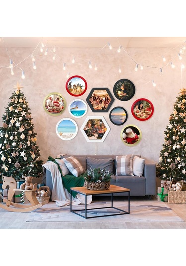 Neevoyu Ahşap Altıgen Duvar Foto Çerçevesi Seti 2 Adet - Ev Ofis Dekorasyonu Anı Görselleri İçin Kolay Kurulum