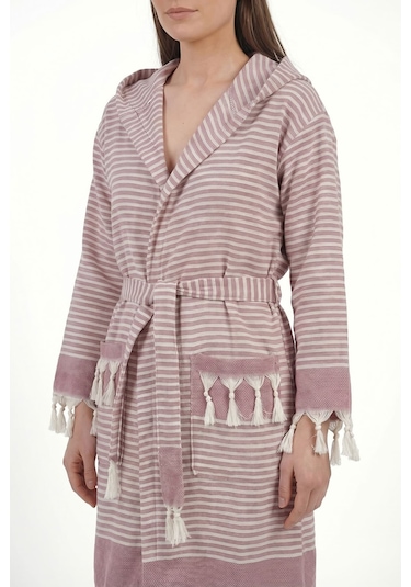 Kapşonlu Unisex Peştemal Plaj Bornozu %100 Pamuklu Seaside Stripe Bordo
