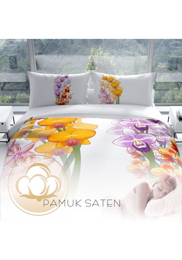 Cattleya Orchid 3D Pamuk Saten Çift Kişilik Nevresim Takımı Çok Renkli