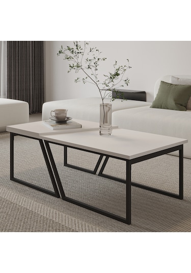 Verona İkili Orta Sehpa Modern Tasarım Metal Ayaklı Sehpa Seti Beyaz