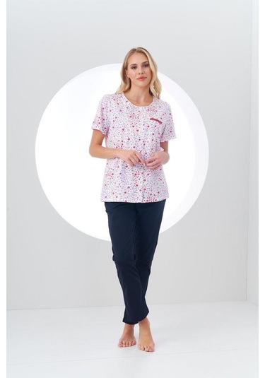 Pjs Kadın Desenli Önden Düğmeli Kısa Kollu Pijama Takım Beyaz