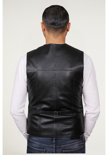 Derije Texas Hakiki Deri Erkek Siyah Punto Dikişli Yelek