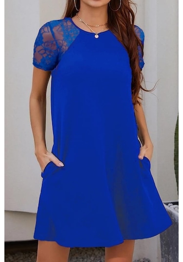 S-pazarım Kol Dantel Viskon Elbise Saks Mavi