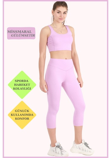 Kadın Kapri Tayt Diz Altı Lila Yüksek Bel Toparlayıcı Dar Paça Karyoka Dikiş Detaylı Capri 1020 Lila