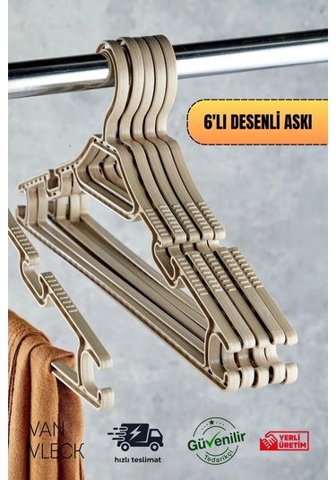 6'lı Kristal Desenli Askı Seti Şık Gri, Beyaz Ve Kahve Renk , Dayanıklı Kıyafet Askıları Kahverengi