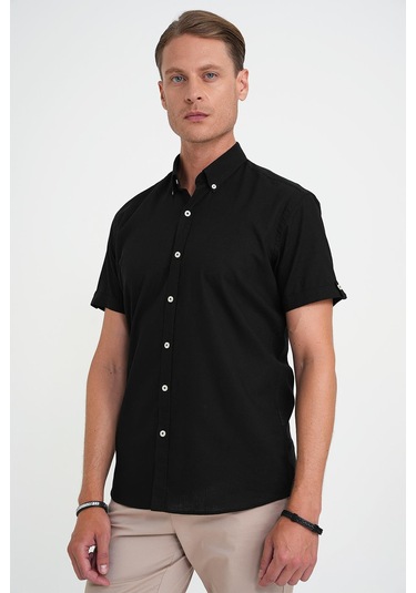 Comfort Fit Düğme Yaka Kısa Kol %100 Keten Düz Siyah Gömlek G 1596 Siyah