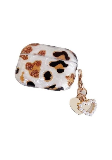 Apple Airpods Pro 1. / 2. Nesil İle Uyumlu Kılıf Kalp Leopar Taş Kiraz Desenli Fiyok Tutmalı Kılıflar Gold
