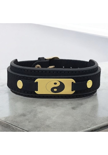 Archin Yin Yang Temalı Doğal Siyah Derili Oval Motifli 14 Ayar Altın Plakalı Hediye Bileklik-438sembol Yin Yang