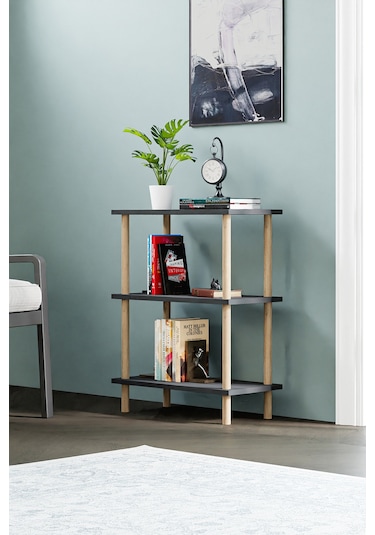 Dekoratif 3 Raflı Ahşap Ayaklı Kitaplık Yan Sehpa Antrasit Gri
